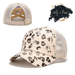 Beige Leopard Criss Cross Ponytail Hat