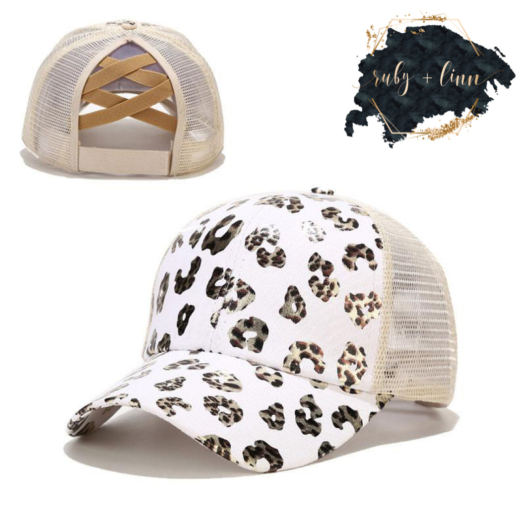 White Leopard Criss Cross Ponytail Hat