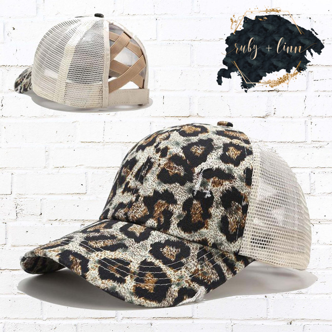 Leopard Criss Cross Ponytail Hat